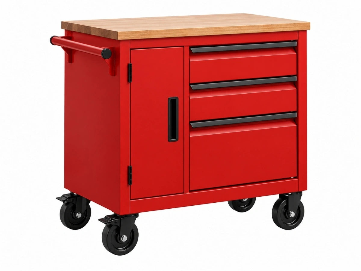 Carrello da Lavoro con 3 Cassetti Metallo Legno - Rosso